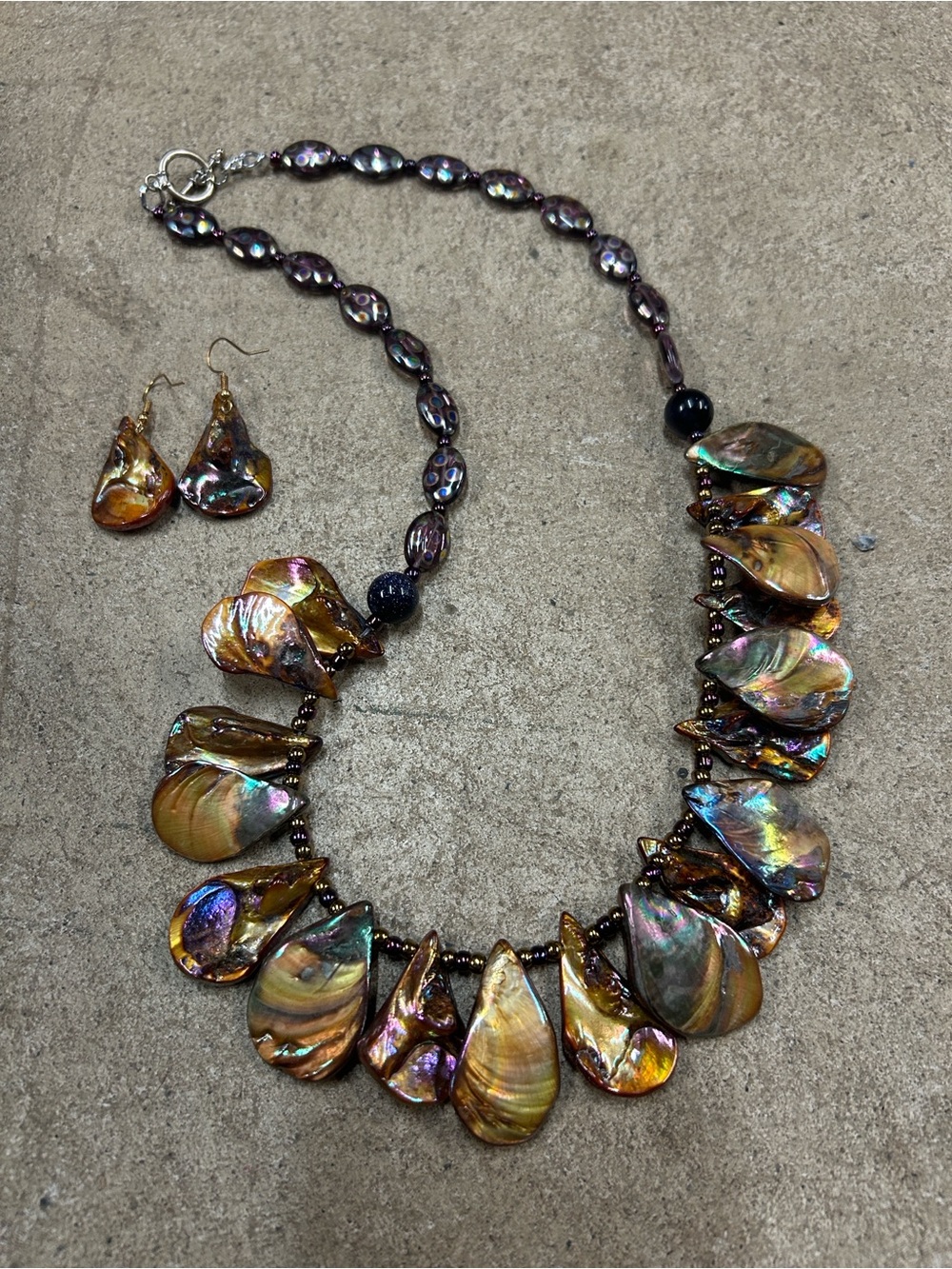 Iridescent Abalone Shell Statement Necklace and Earring Set
